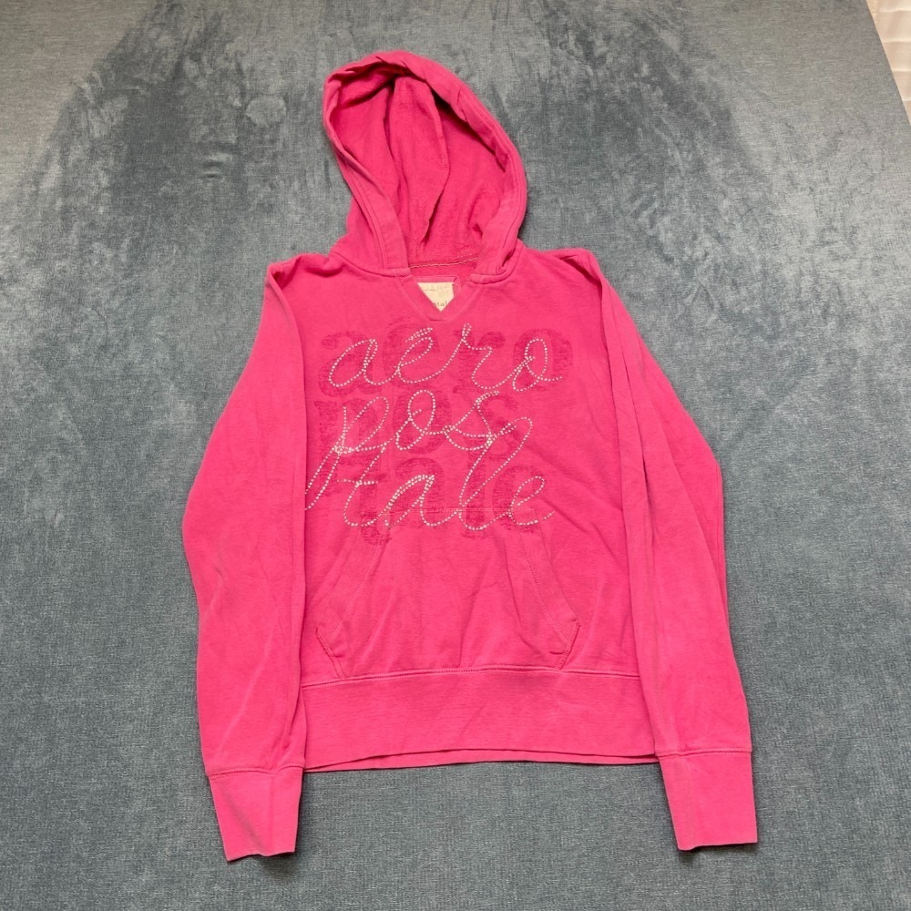 Aeropostale Cropped Hoodie Womens S Pink Cotton Fleece Lined Ribbed Hem Pullover